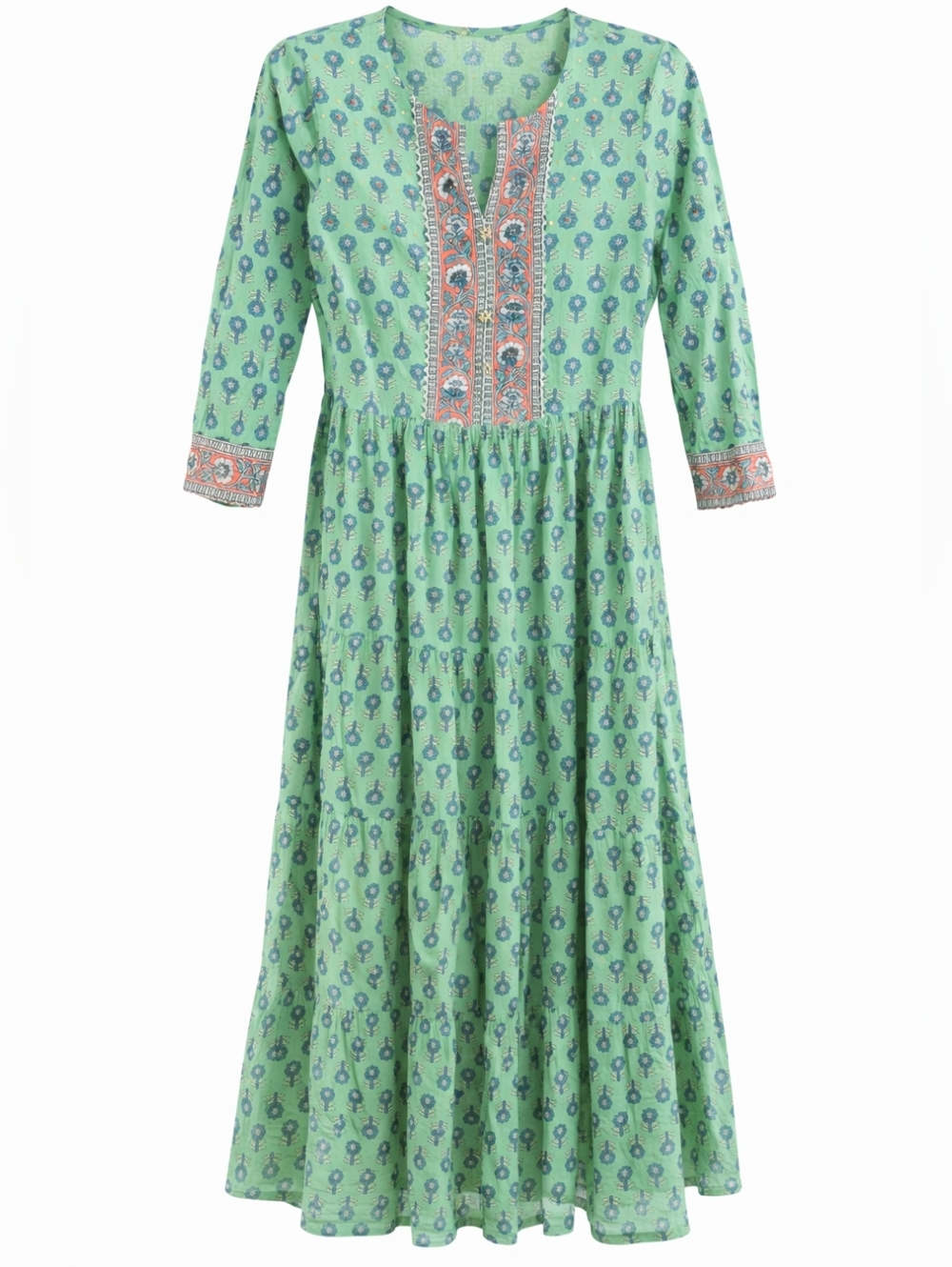 Vintage Handmade Boho Maxi Dress Green Floral Print Embroidered Tiered